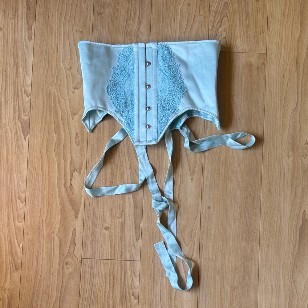 SCARLETT GASQUE Light Blue Lace-Front Satin Waist Cincher Corset Top